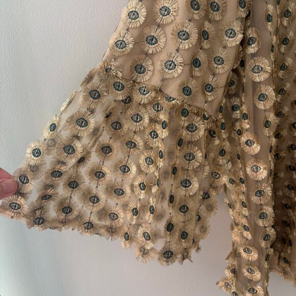 NWT Calvin Klein Embroidered Mesh Top Gold and Peacock Blue Bell Sleeves Size M - Picture 7 of 8